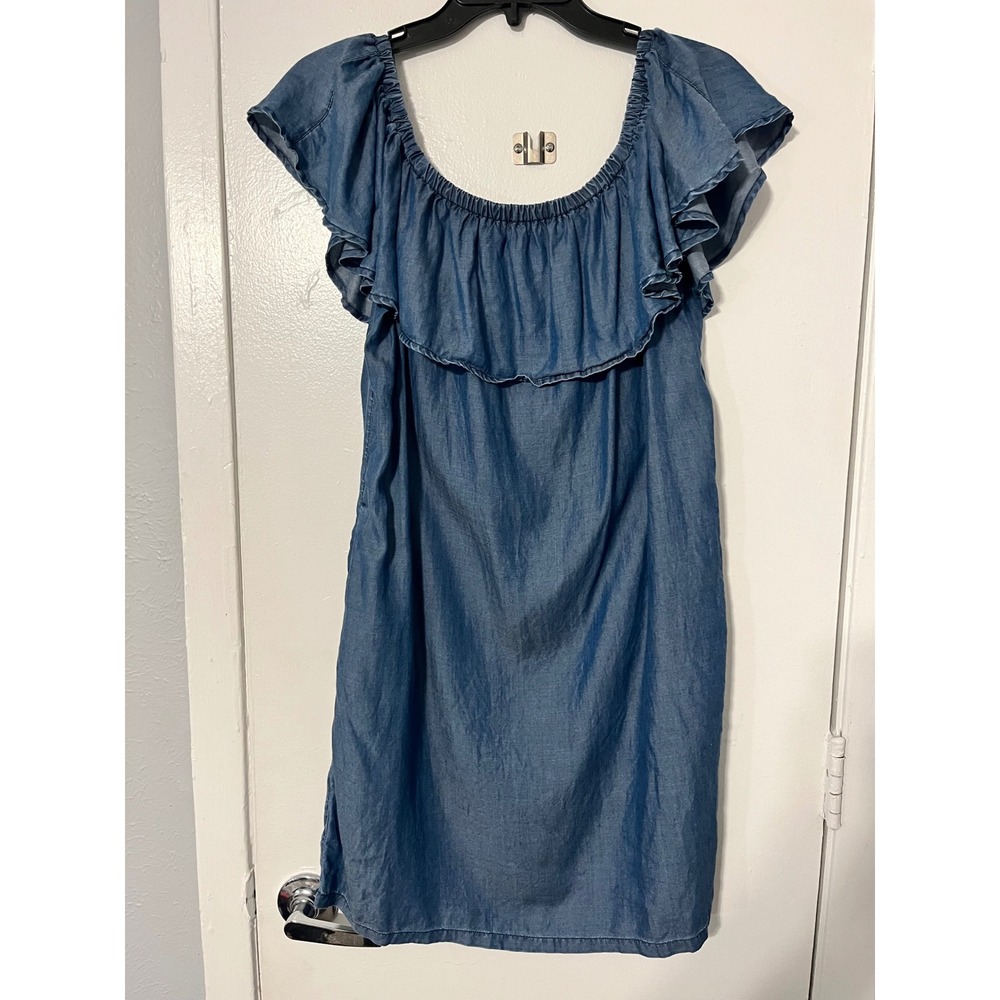 Tommy Bahama Womens Blue Tencel Ruffle Off Shoulder Shift Dress TSW11814C Medium